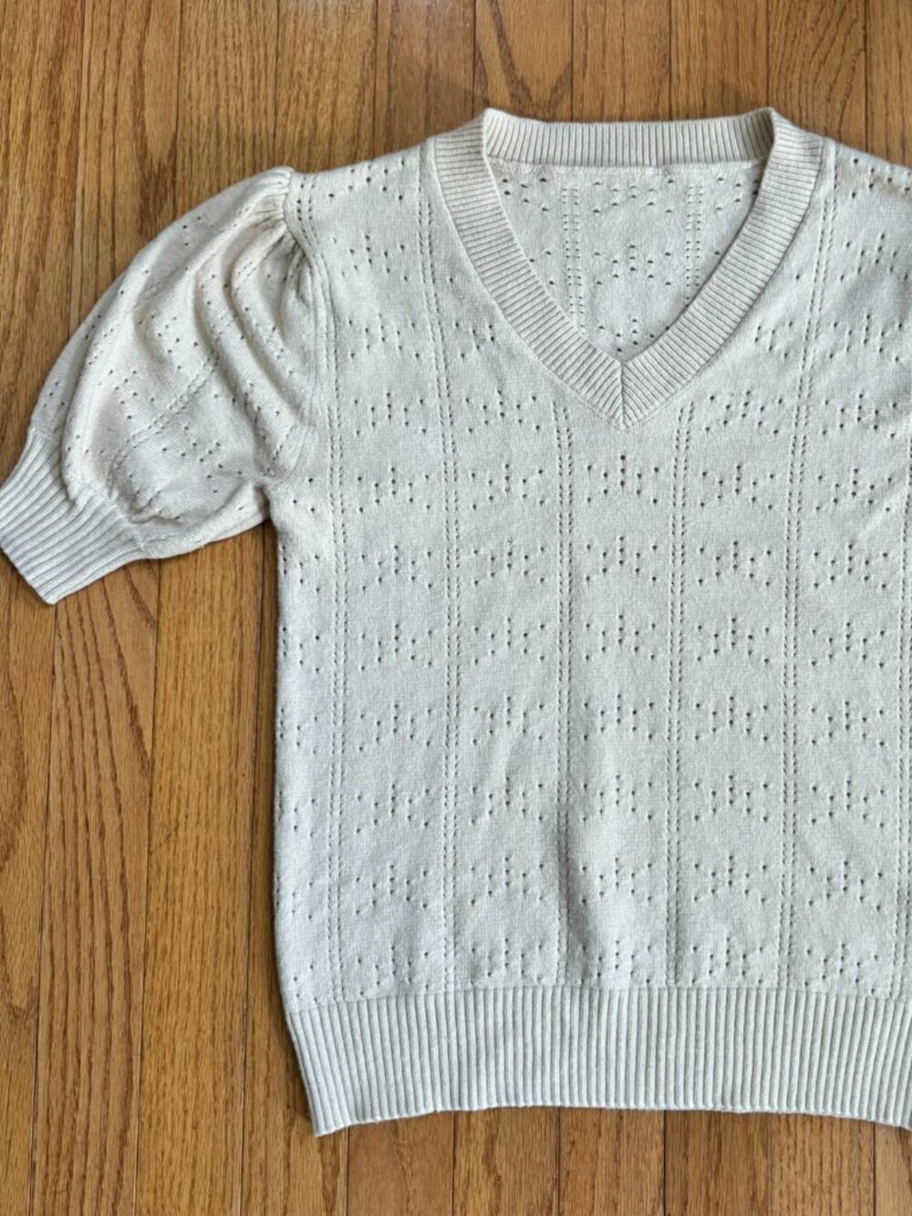 Apricot Pointelle Puff Sleeve Open Knit V‑Neck Sweater Top -- Small